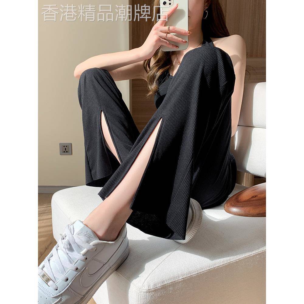 冰丝阔腿裤女夏高腰垂感2026新款小个子薄款开叉直筒拖地休闲裤子