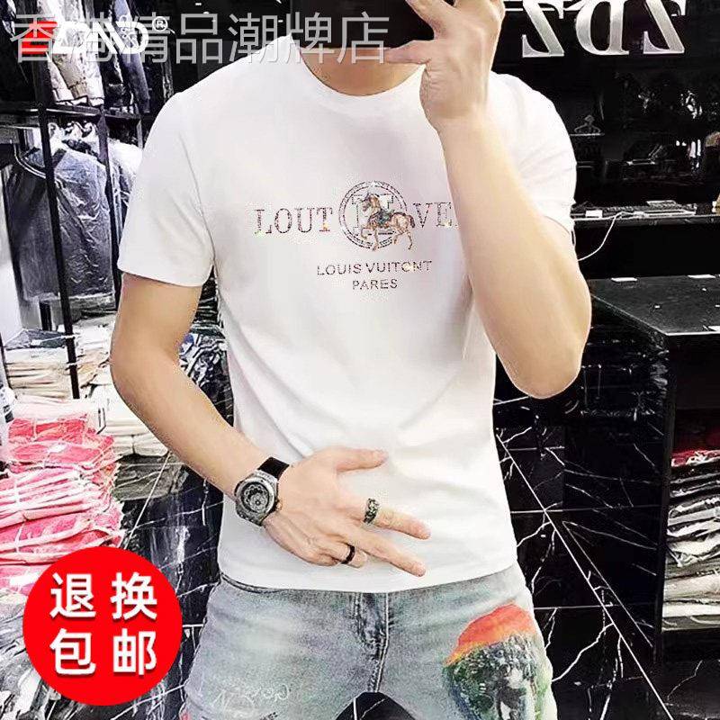 高端烫钻短袖T恤男士2026夏季新款冰丝薄款休闲圆领潮流体恤男款图片