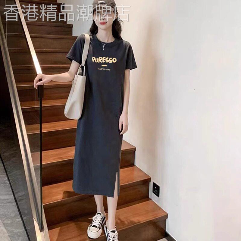 灰色短袖洋装2025新款夏季薄款小个子宽松中长版开 叉T恤直筒裙