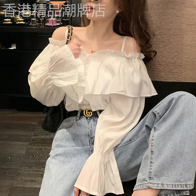 很仙的白色衬衫女夏季欧货一字肩锁骨吊带上衣性感御姐风防晒衬衣