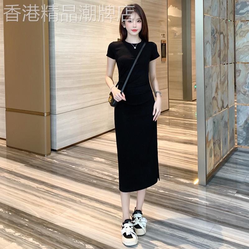 黑色连衣裙女2026新款修身气质长裙子开叉夏季短袖收腰显瘦包臀裙