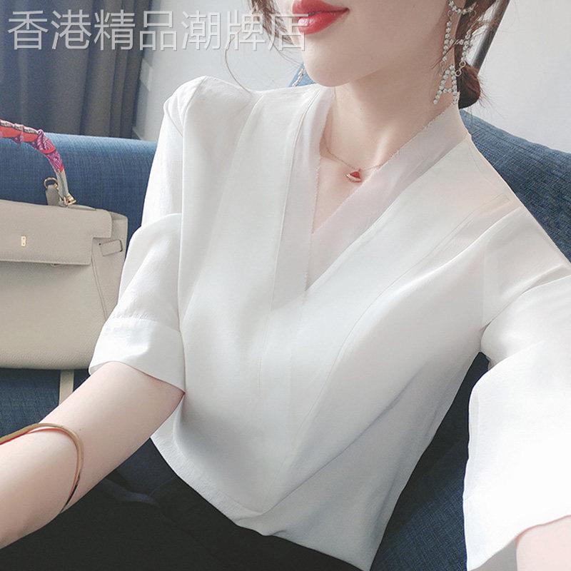 潮牌白色雪纺衬衫女士韩版七分袖设计感小众衬衣2026夏季V领上衣