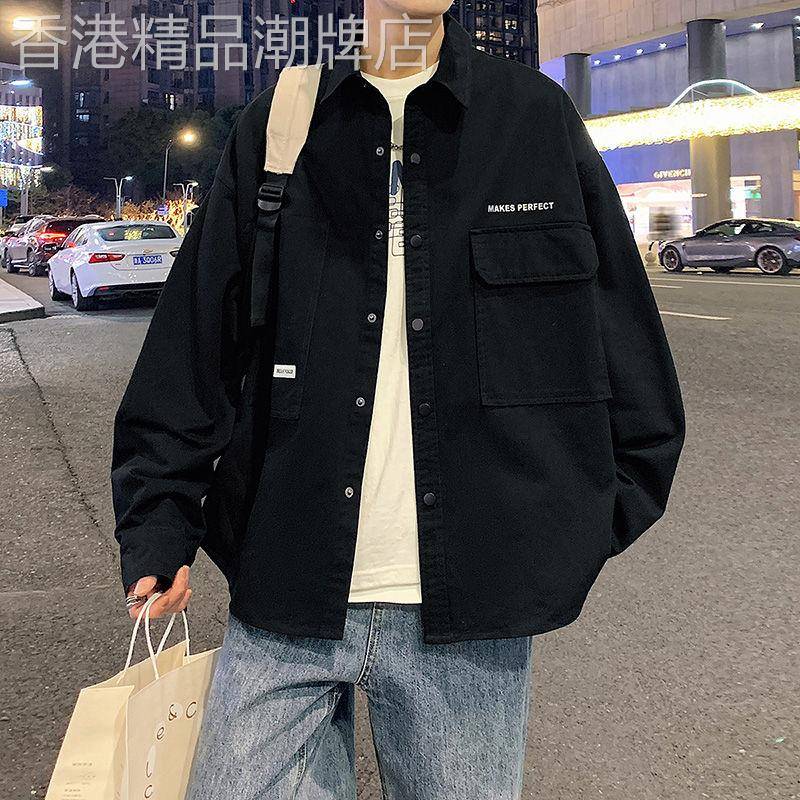 香港潮牌工装长袖衬衫男士春秋薄款外套青少年加肥加大码宽松衬衫