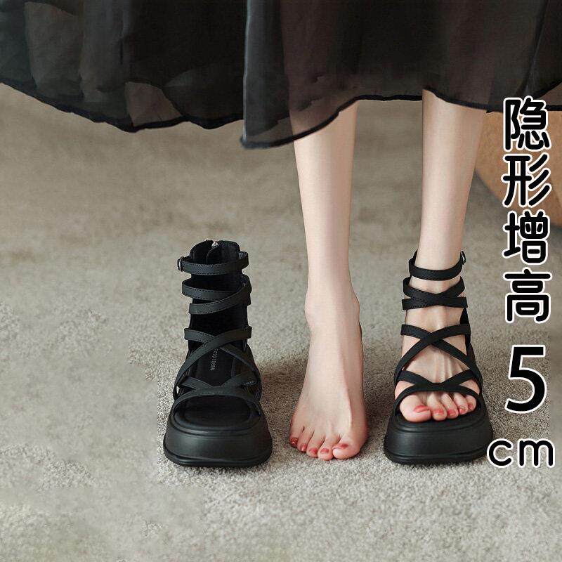 香港真皮黑色凉鞋女夏季外穿2026新款时尚交叉绑带厚底增高罗马鞋
