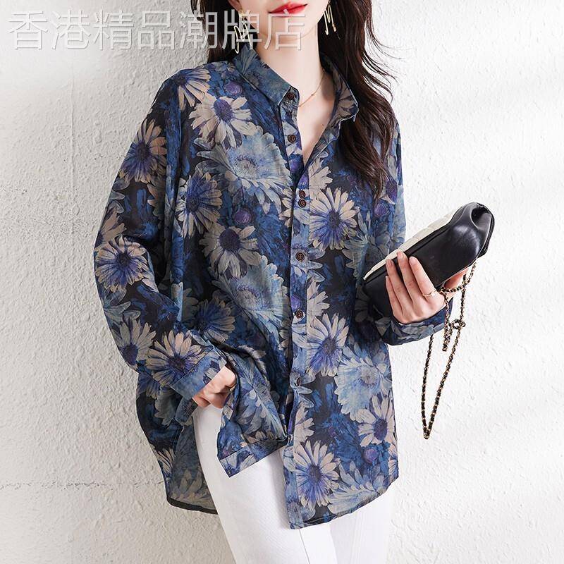 中长款棉麻衬衫女春秋2026新款时尚洋气碎花上衣大码宽松亚麻衬衣