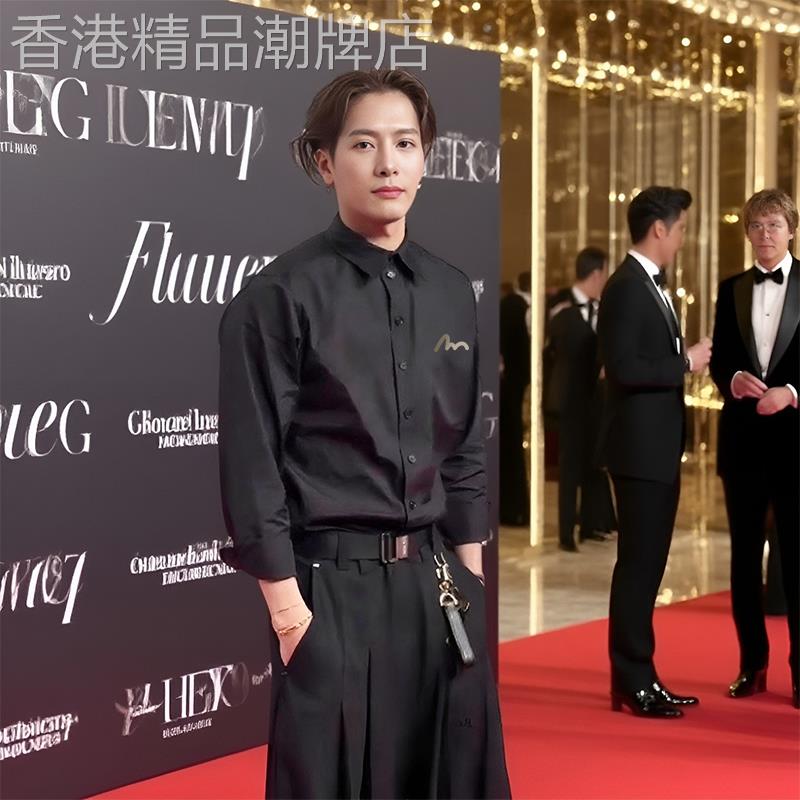 香港CLG潮牌王嘉尔同款简约印花西装衬衫美式百搭打底衣黑色外套