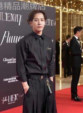 香港CLG潮牌王嘉尔同款简约印花西装衬衫美式百搭打底衣黑色外套