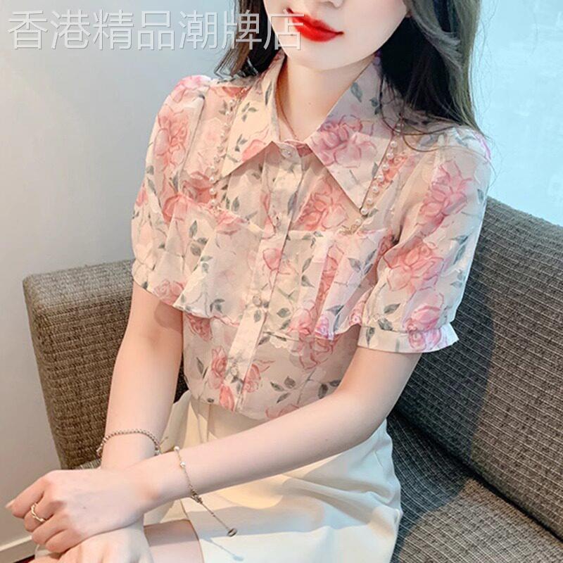 polo领短袖雪纺衬衫女夏2025新款法式减龄钉珠高级感碎花小衫上衣
