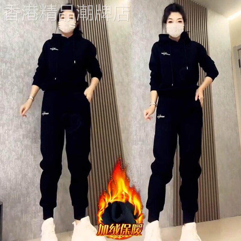 运动套装女秋冬加绒加厚2025新款连帽卫衣束脚裤休闲百搭两件套潮