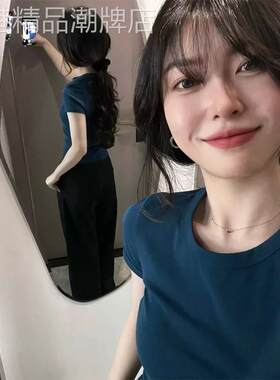 墨蓝色休闲风短袖T恤女夏季欧货百搭通勤风显白显瘦简约穿搭上衣