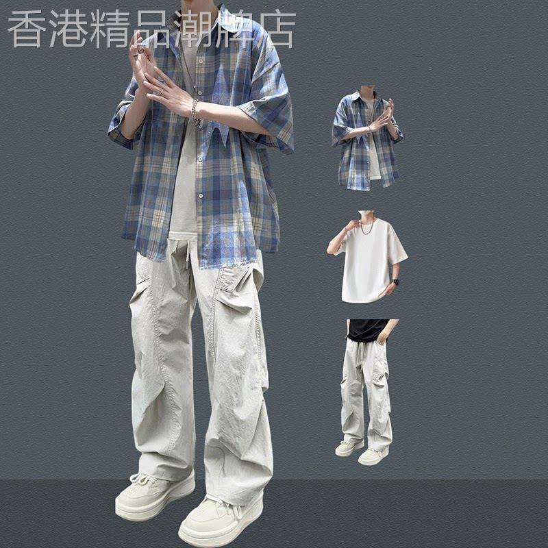 格子短袖衬衫套装男夏季薄款潮牌痞帅青少年搭韩系穿搭休闲三件式