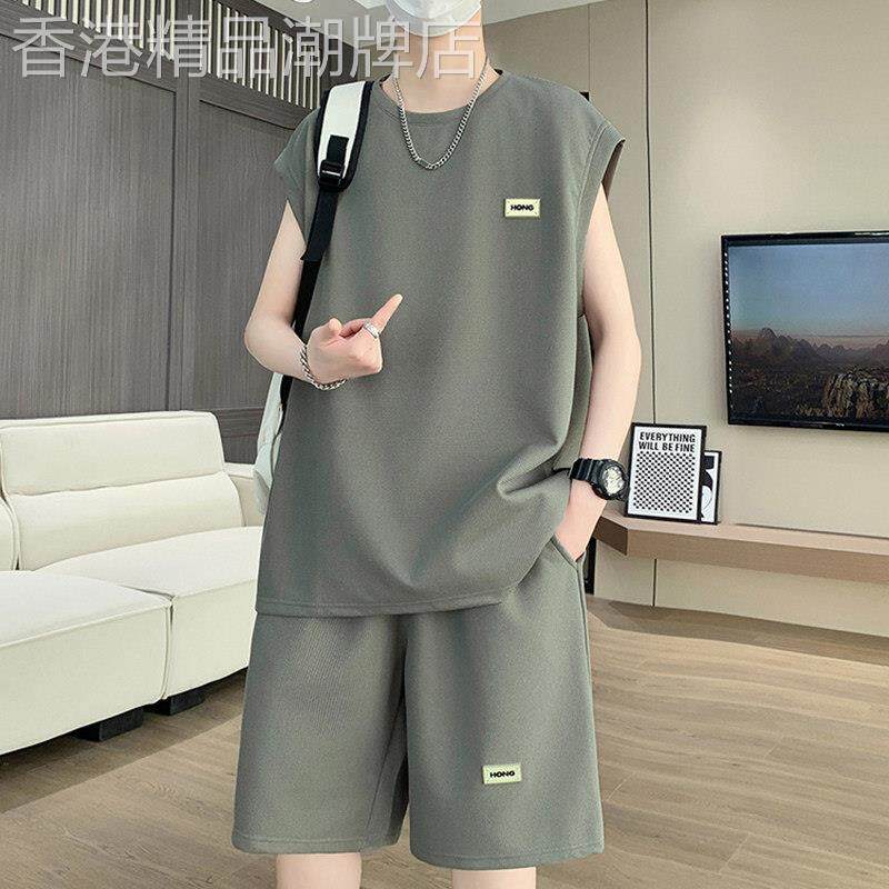 高端品牌可外穿家居服男款夏季夏天纯棉无袖短裤宽松休闲睡衣套装