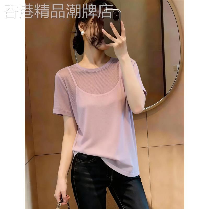 时尚镂空网纱吊带假两件短袖T恤女夏大码胖mm设计感薄款显瘦上衣