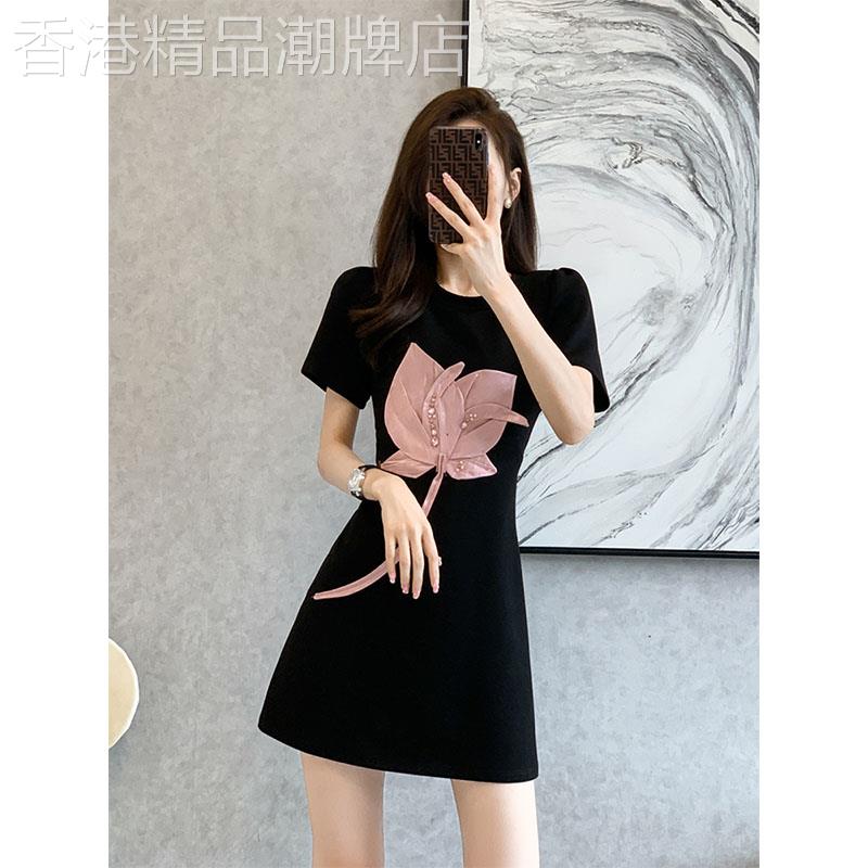 黑色洋装女2026新款夏季宽松圆领中长版洋派印花短袖T恤裙子女