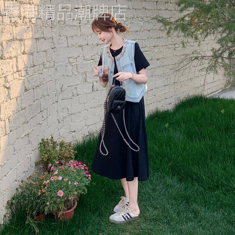 复古流苏牛仔马甲黑色洋装套装女2026夏季气质慵懒T恤裙两件套