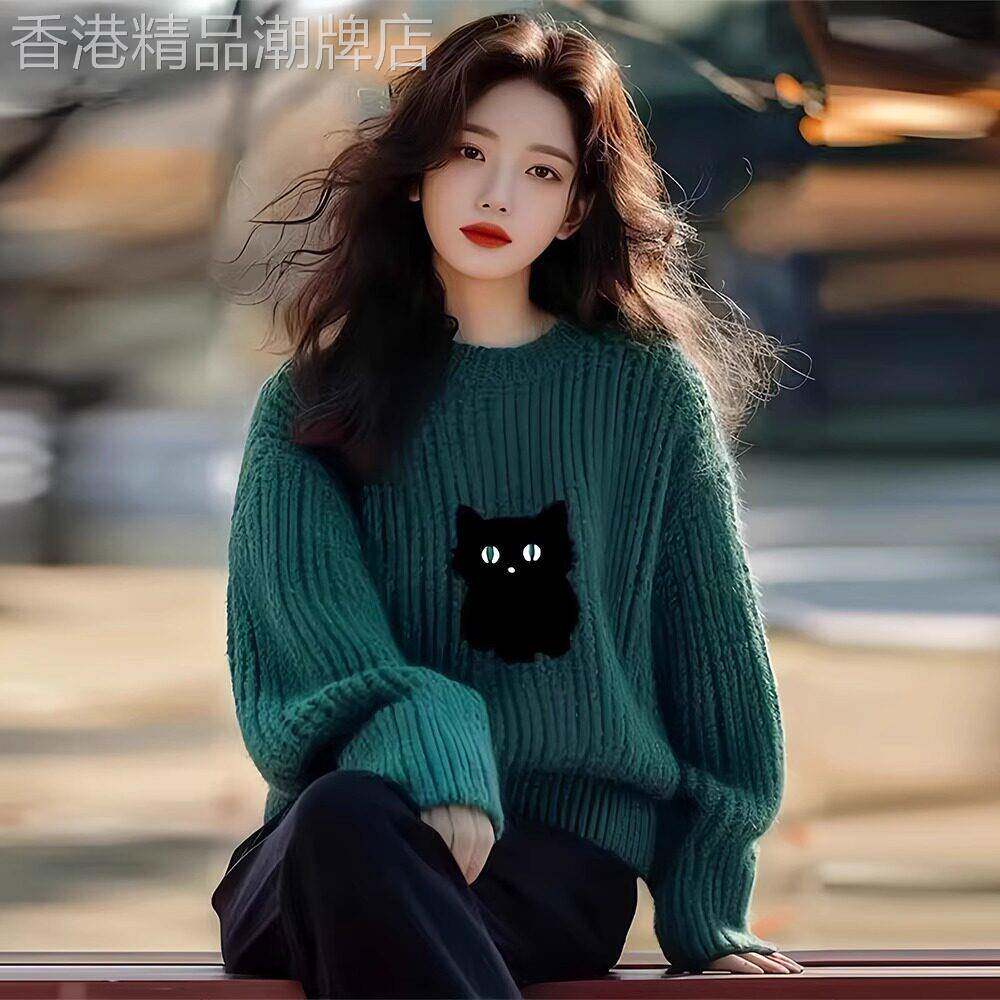 墨绿色小猫提花羊绒毛衣女2025年秋冬新款宽松显瘦内搭套头针织衫