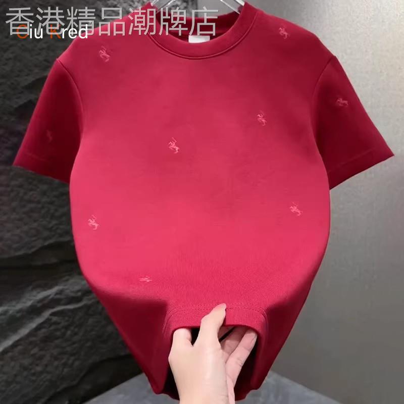 精致小马刺绣短袖T恤男士2026新款春季本命年红色质感打底衫男款