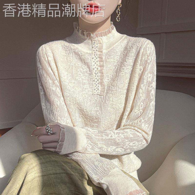 欧洲站半高领蕾丝钩花针织衫女2026新款春秋冬荷叶领百搭打底T恤