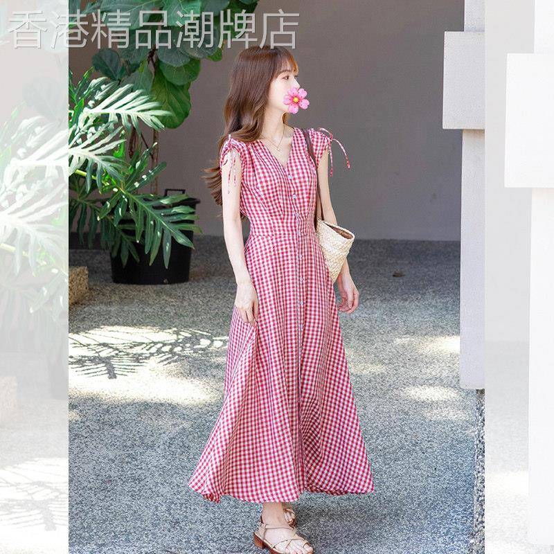 法式红色v领格子连衣裙女春季小众设计高级感超好看收腰气质裙子