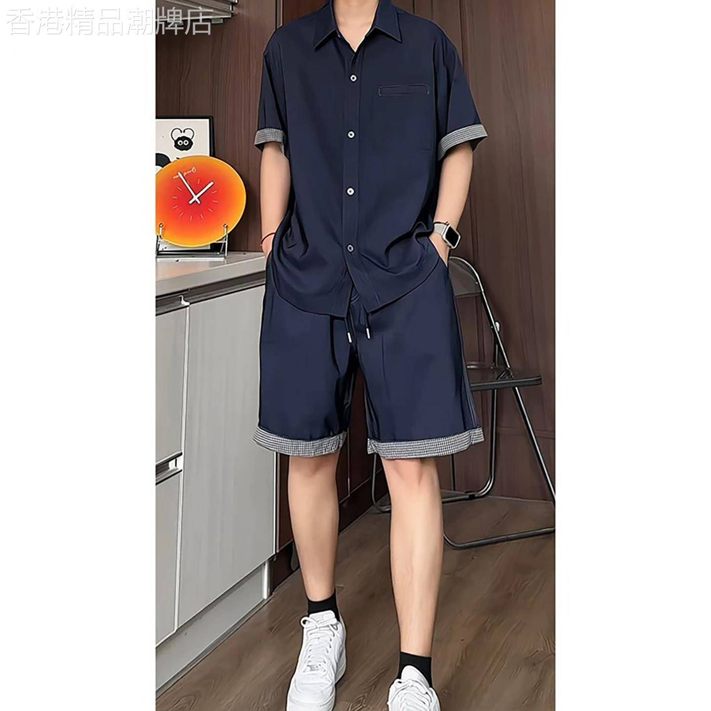 韩国Uamtor牛仔蓝色冰丝衬衫休闲套装男士夏季薄款短袖短裤一整套