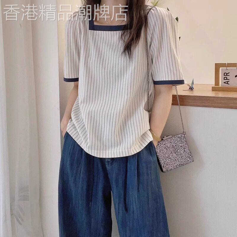 欧货方领拼色竖条纹雪纺衬衫女夏季韩版洋派显瘦短袖T恤减龄上衣