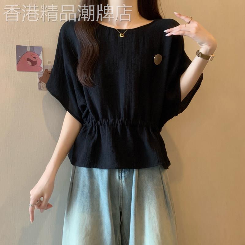 设计感雪纺蝙蝠袖短袖T恤女夏大尺码胖mm抽绳收腰遮肚气质独特上