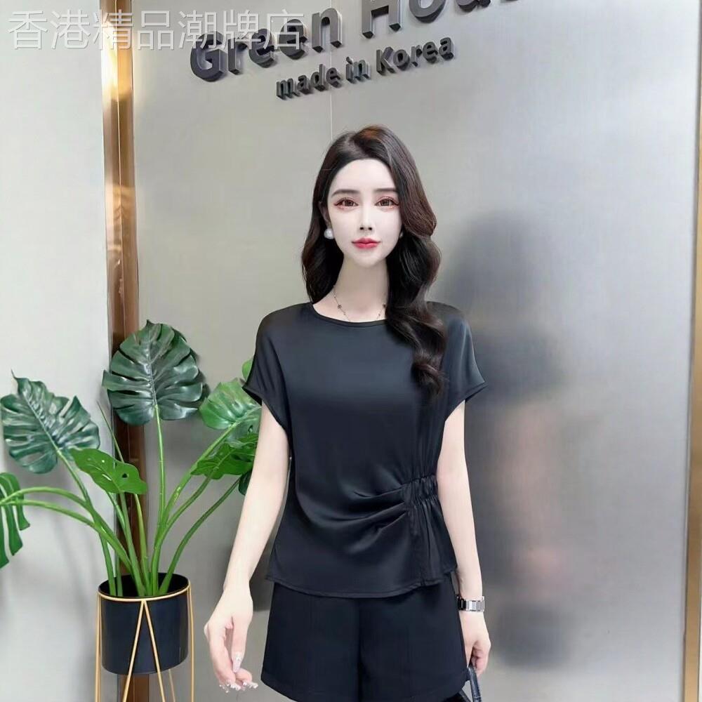2026圆领短袖女夏季新款抽褶收腰缎面T恤纯色宽松百搭上衣雪纺衫