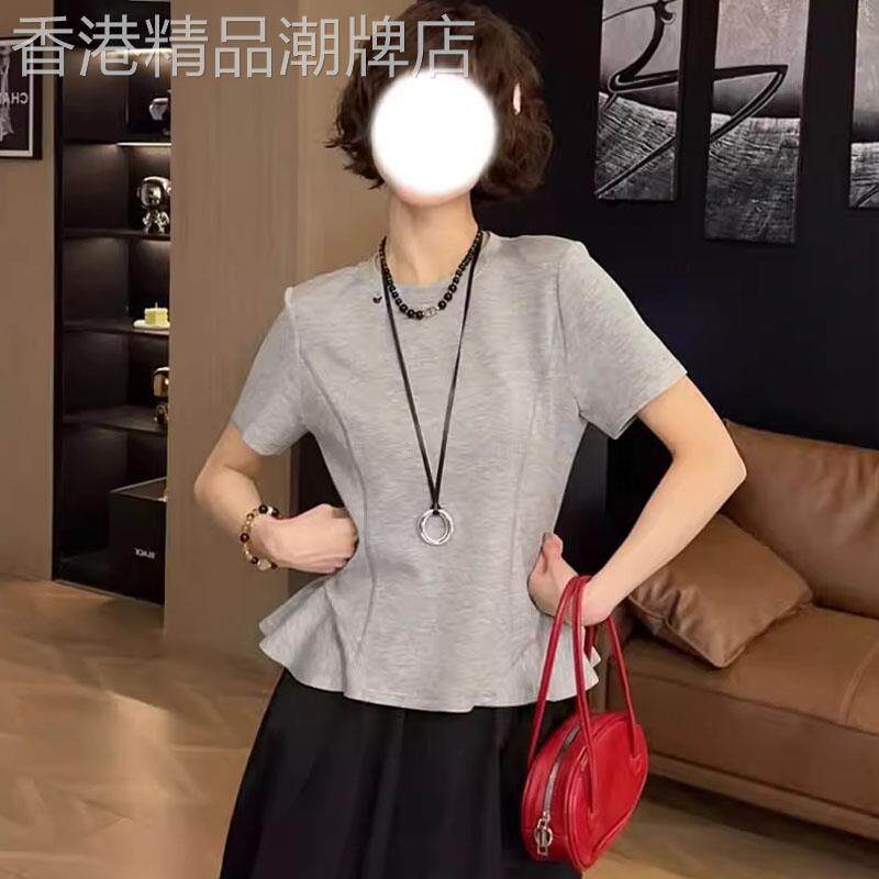 复古荷叶边圆领短袖t恤女士夏季2026欧货简约纯色设计高级感上衣