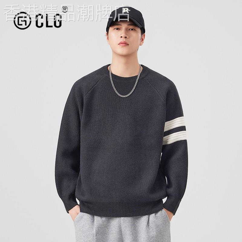 香港CLG潮牌美式重磅毛衣男撞色条纹百搭圆领卫衣休闲复古针织衫
