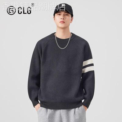 香港CLG潮牌美式重磅毛衣男撞色条纹百搭圆领卫衣休闲复古针织衫