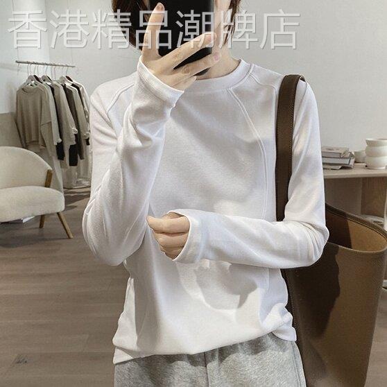 韩国白色长袖t恤女春秋季新款圆领宽松小个子内搭打底衫休闲上衣