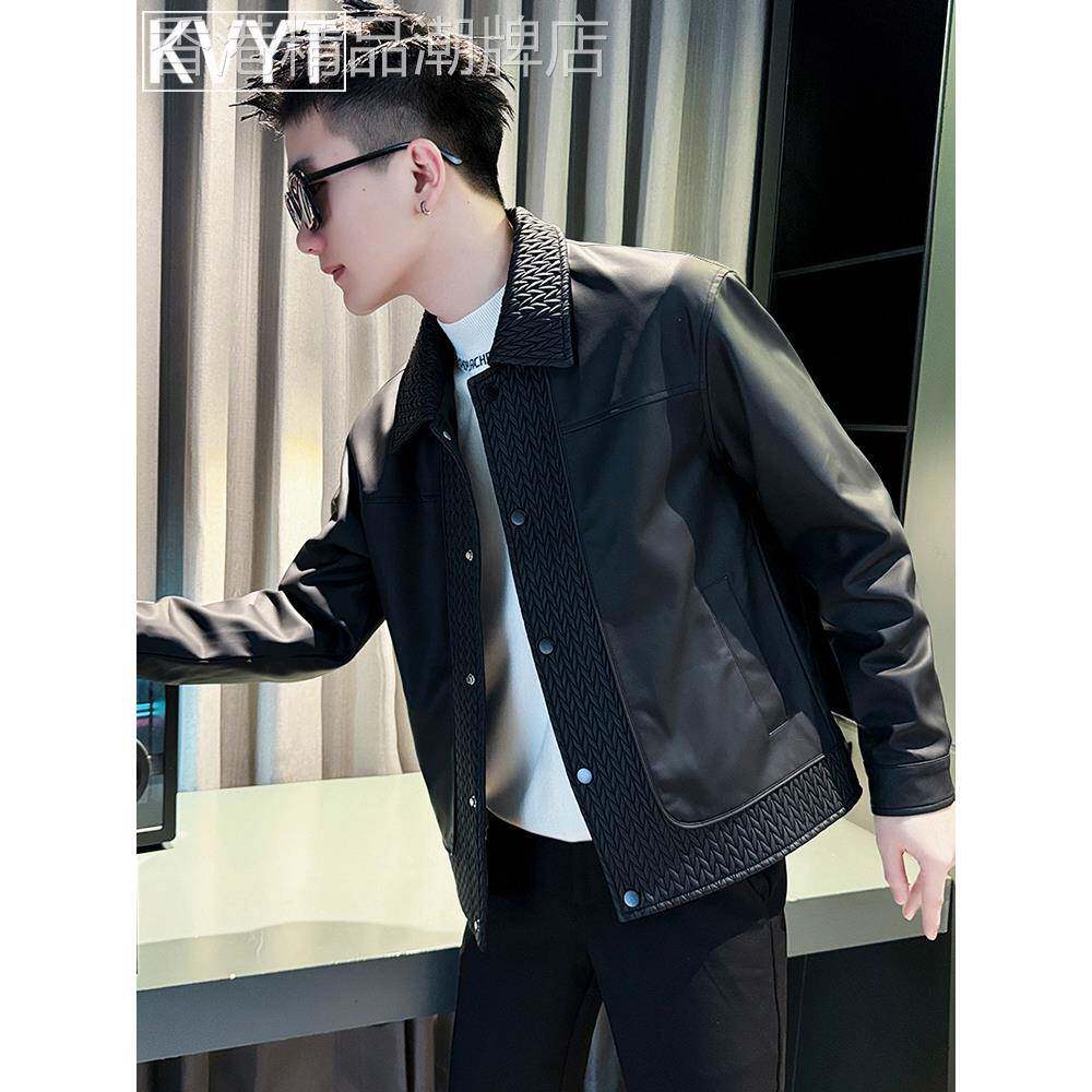 高端黑色男士皮衣外套2025新款秋季流行穿搭男款痞帅翻领夹克上衣
