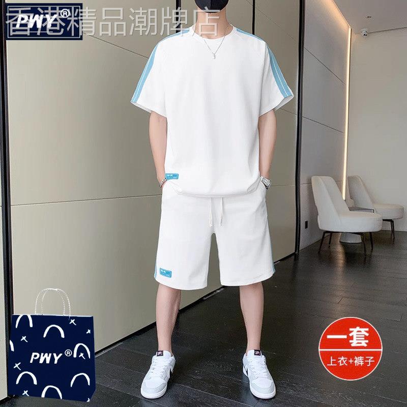 潮牌冰丝休闲套装男士夏季撞色短袖T恤短裤篮球运动衣服一套搭配