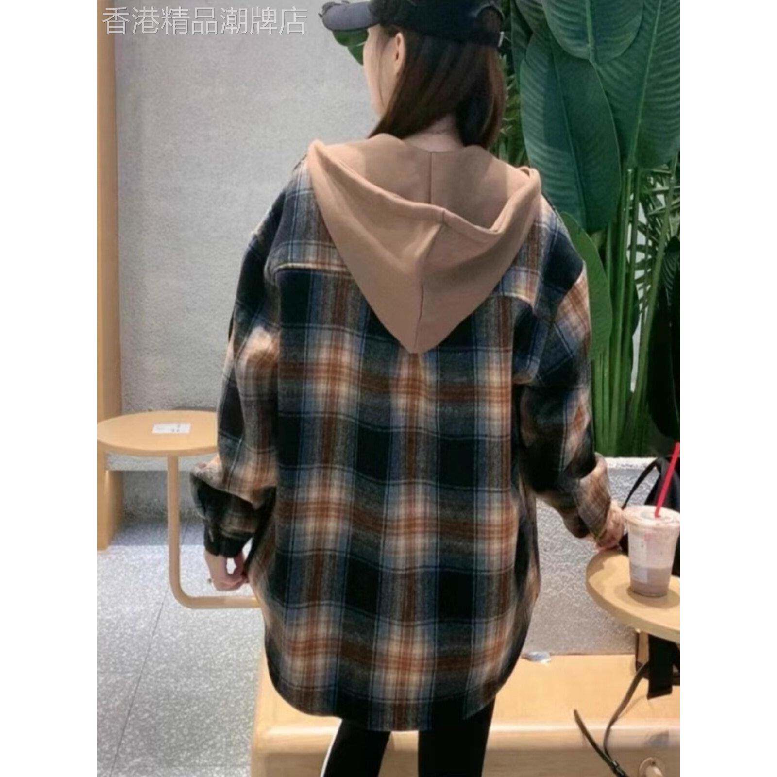 加绒磨毛格子衬衫女2025春秋新款覆古加厚宽松中长款连帽外套上衣