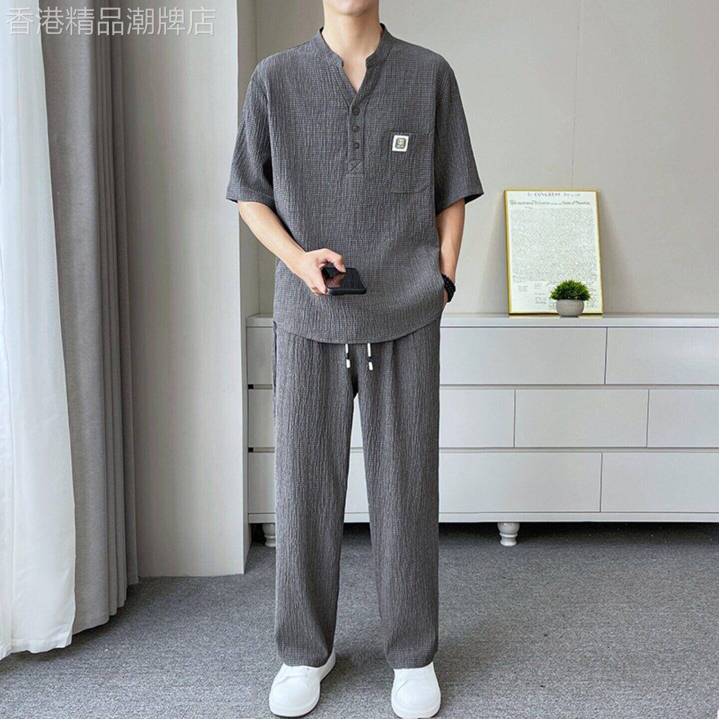 潮牌高级感运动休闲风两件套男士夏季老钱风立领短袖搭配长裤套装