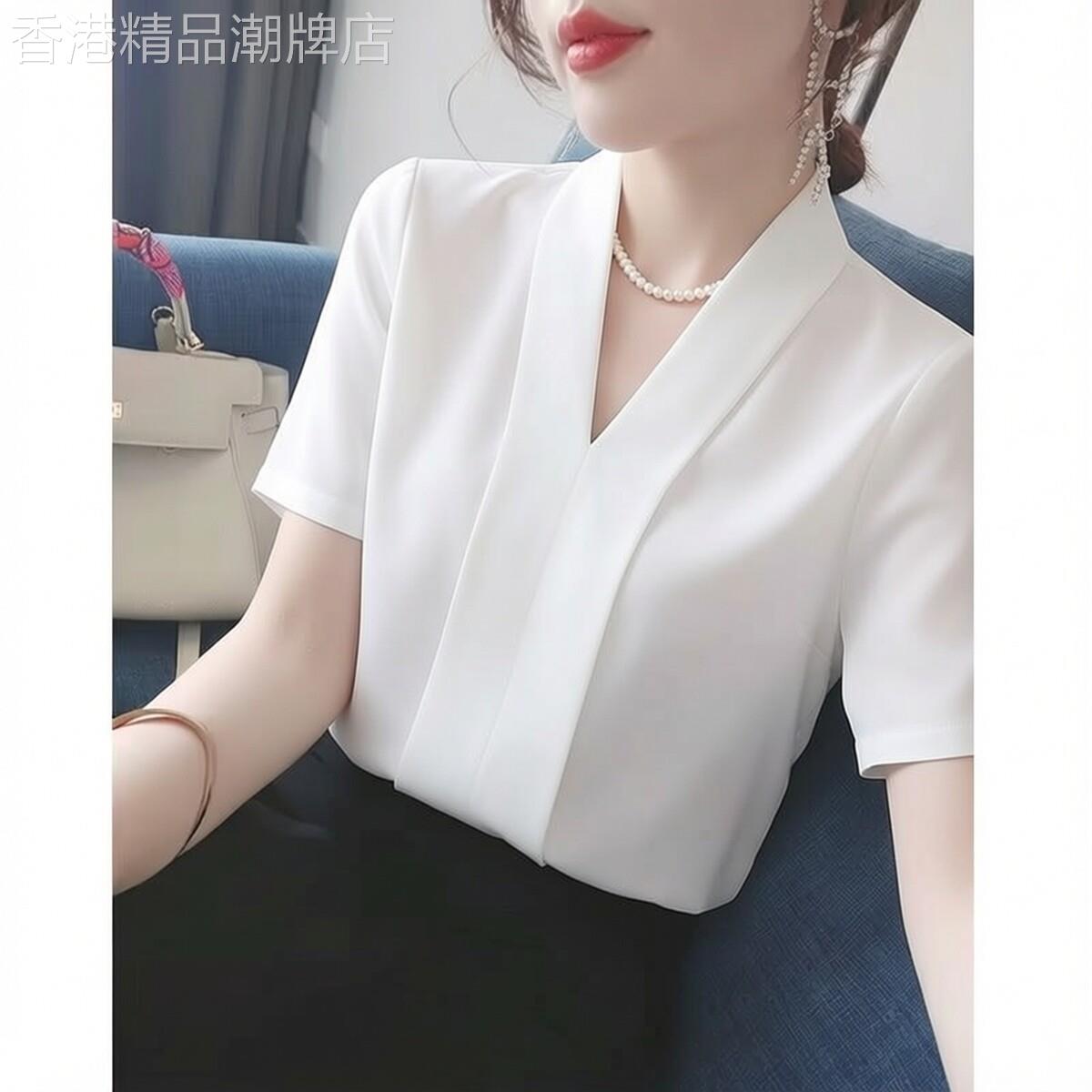 V领短袖衬衫女2026夏新款职业通勤正装面试西装衬衣白色雪纺上衣