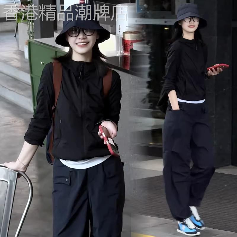 香港代购时尚休闲套装女春季新款连帽拉链冲锋衣外套工装裤两件套