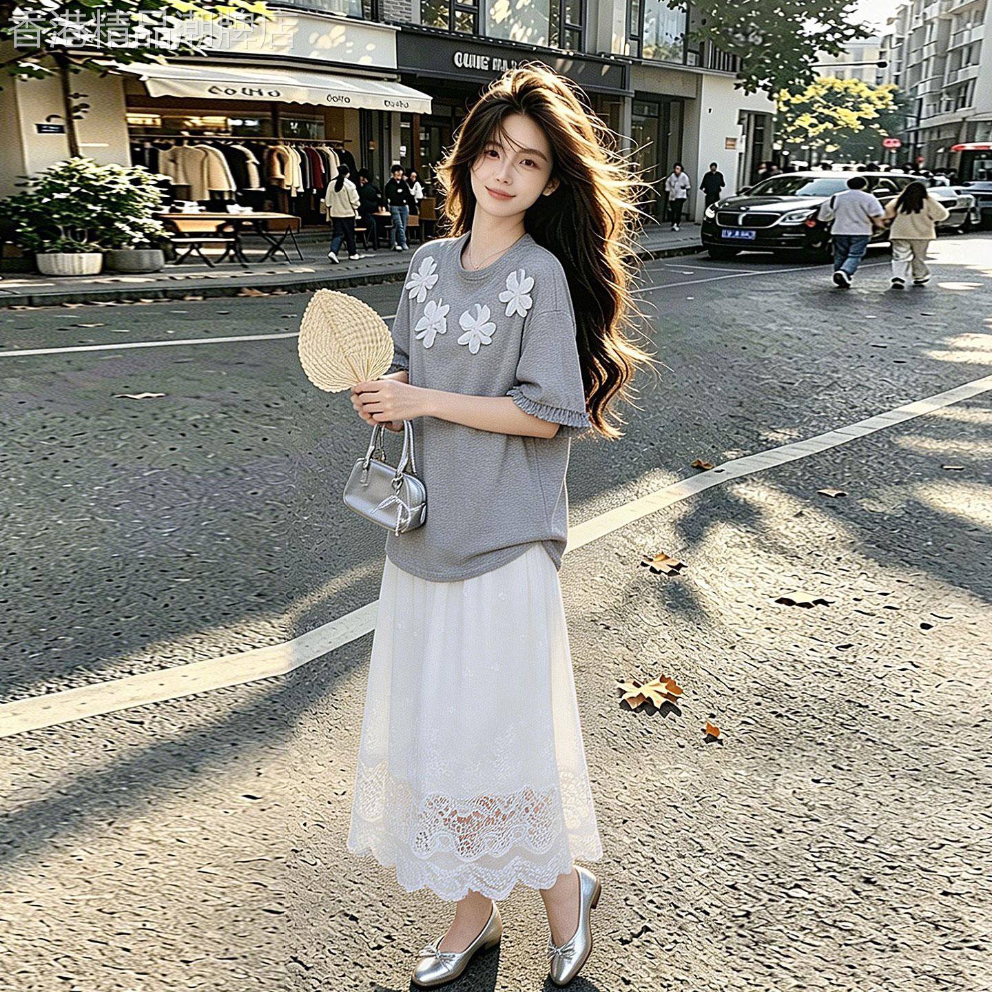 套装女夏2026新款休闲松弛感立体花朵T松紧腰蕾丝裙子简约两件套
