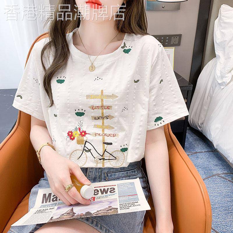 休闲白色短袖t恤女新款潮2026夏季衣服宽松刺绣印花女士体恤上衣