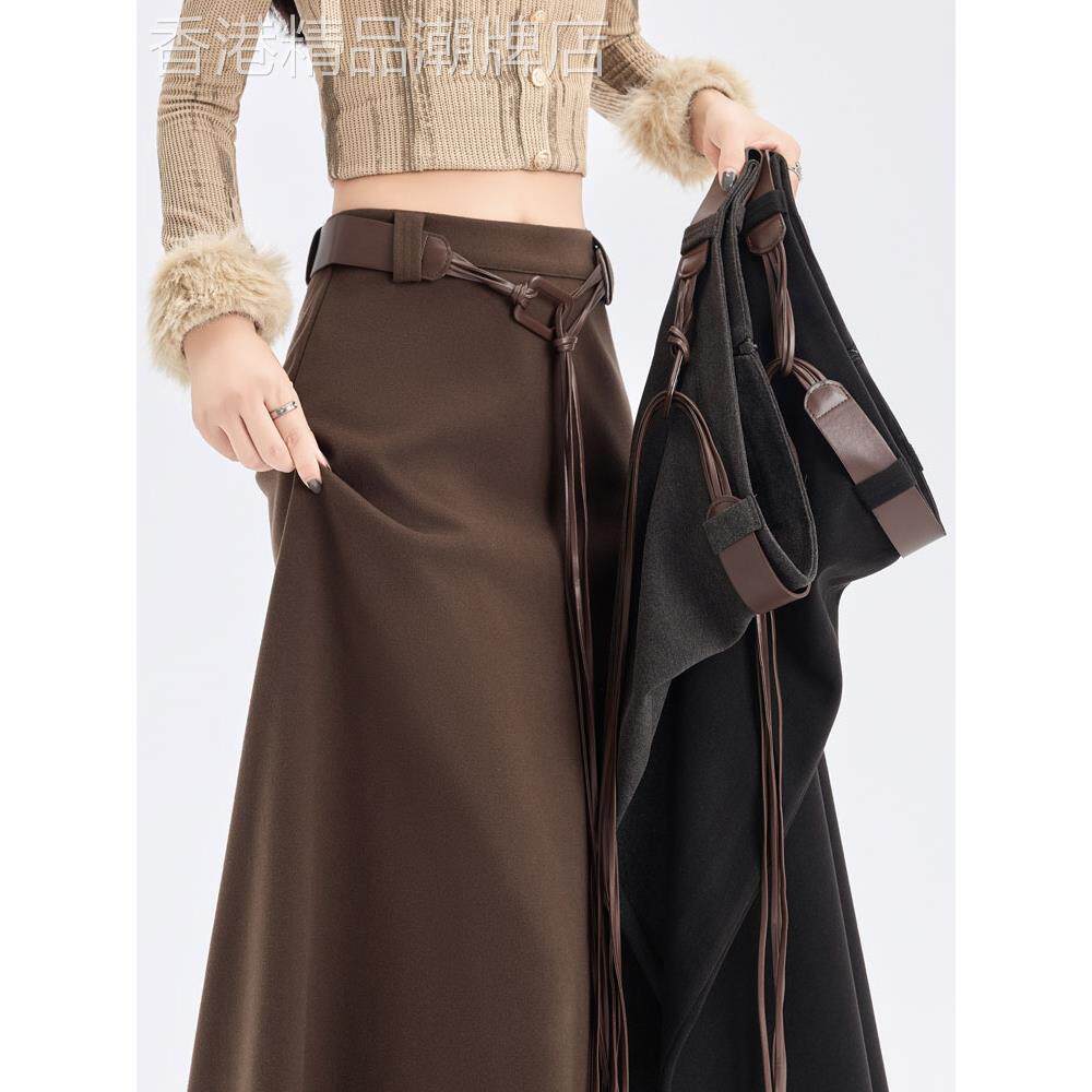 咖色加厚毛呢半身裙女2025年秋冬季新款高腰显瘦垂感a字大摆长裙