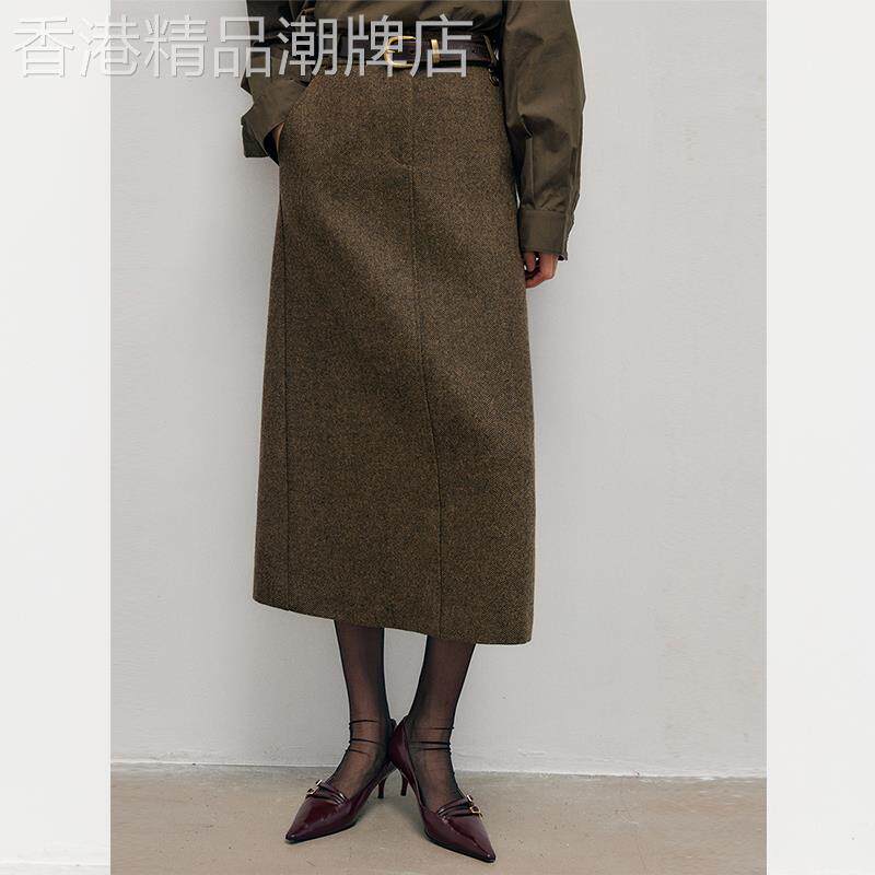 别致毛呢棕色半身裙秋冬新款女装时尚复古百搭a字裙超好看设计感