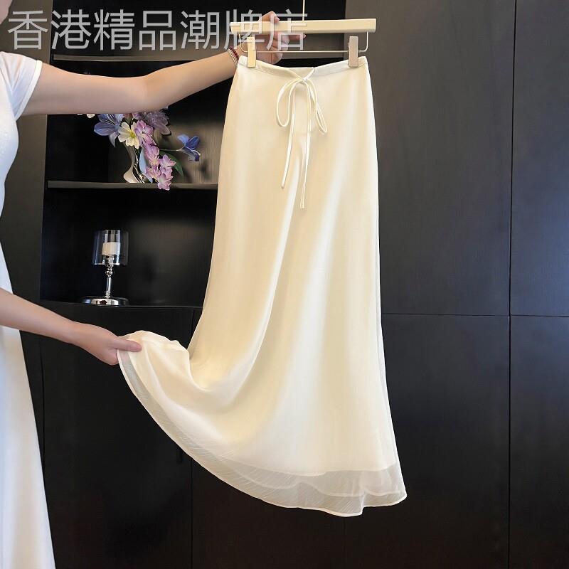 法式网纱鱼尾半身裙女夏小个子抽绳高腰显瘦垂感气质a字包臀长裙