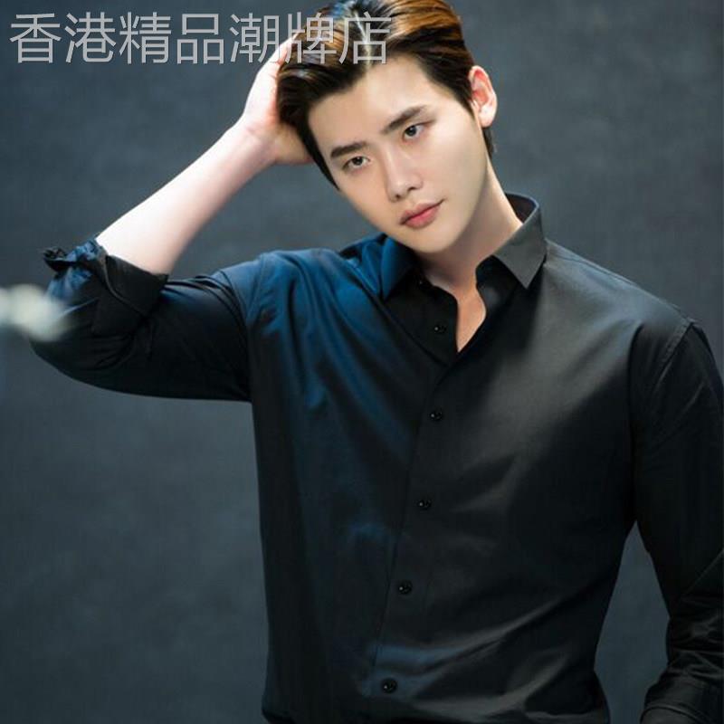 明星同款李钟硕长袖黑色衬衫男韩版潮流修身有型商务短袖白衬衣