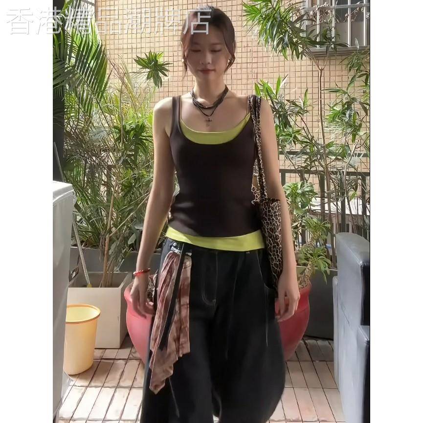 大码胖MM美式复古假两件工字吊带背心女夏设计感内搭外穿无袖上衣