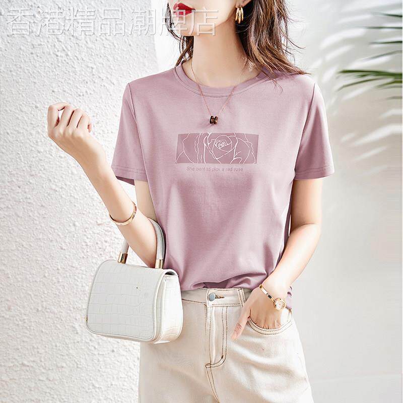 粉色印花短袖T恤女夏季2026新款圆领套头宽松显瘦减龄上衣秀禾服