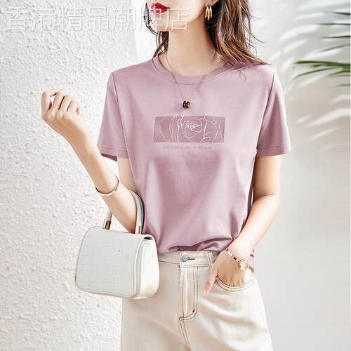 粉色印花短袖T恤女夏季2026新款圆领套头宽松显瘦减龄上衣秀禾服