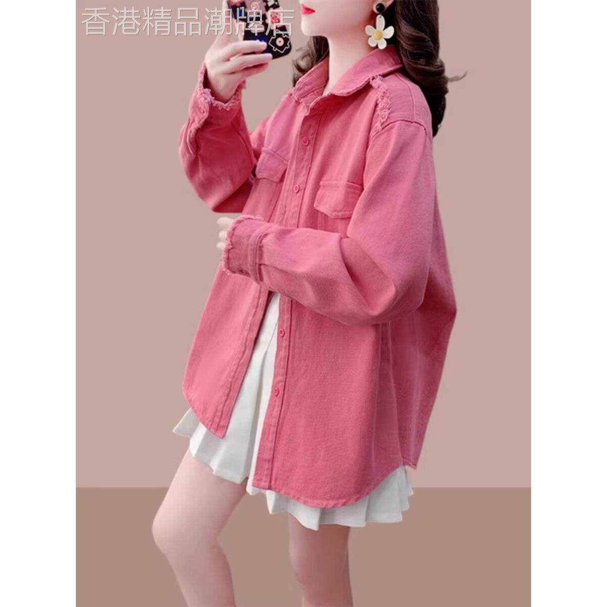 香港TIMO休闲衬衫外套女春秋小衫大码宽松中长款粉色牛仔衬衫上衣