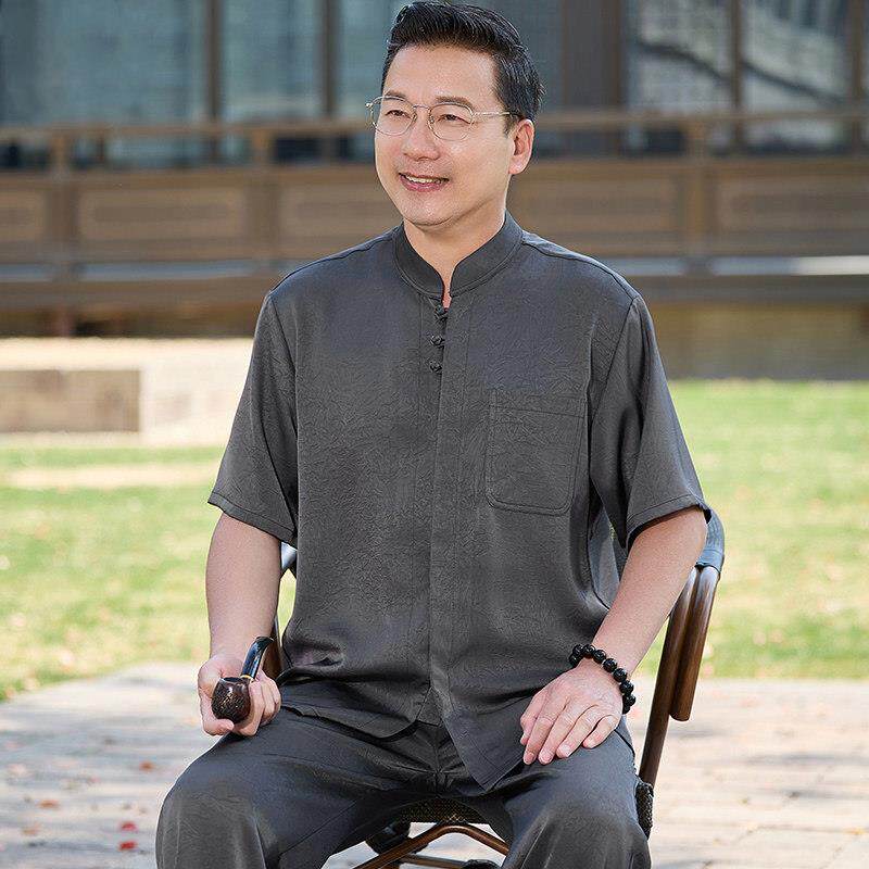 高端新中式唐装可外穿家居服男款夏季夏天纯棉麻短袖长裤睡衣裤套