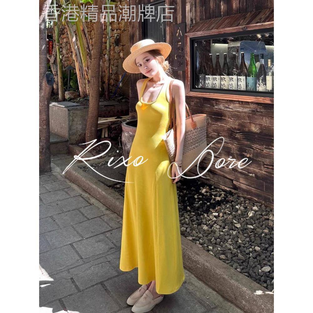Rixo Dore法国设计黄色针织吊带连衣裙女士高端优雅的a字腰长裙