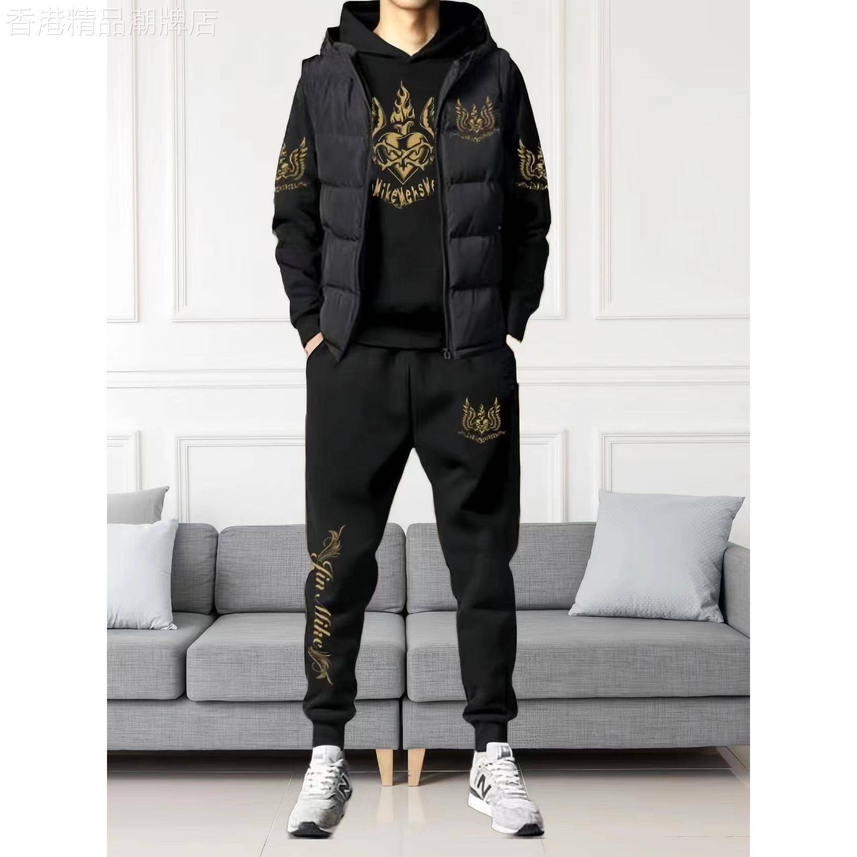 秋冬2025年纯棉加绒加厚卫衣三件套男士休闲高档马甲运动服套装男